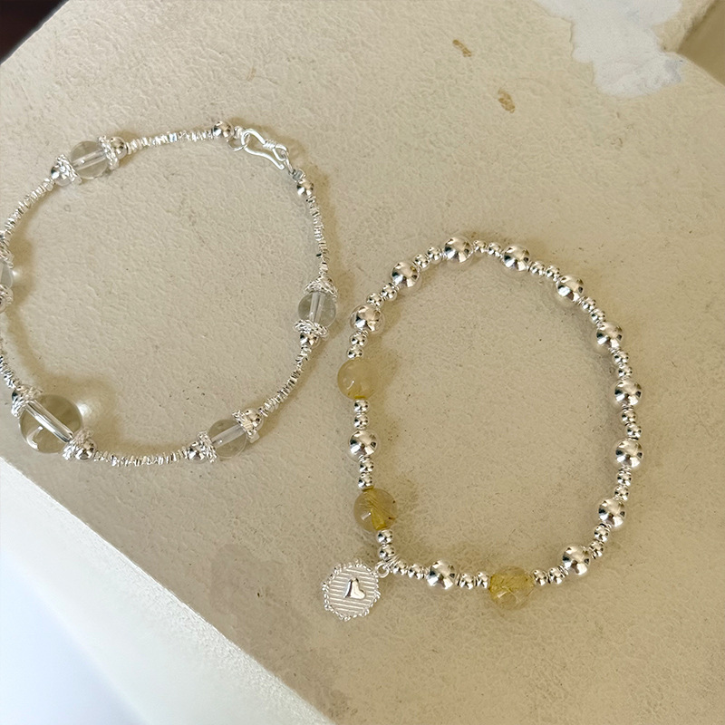 925纯银圆牌条纹爱心发晶银珠手链女手工弹力绳设计串珠手环叠戴详情9