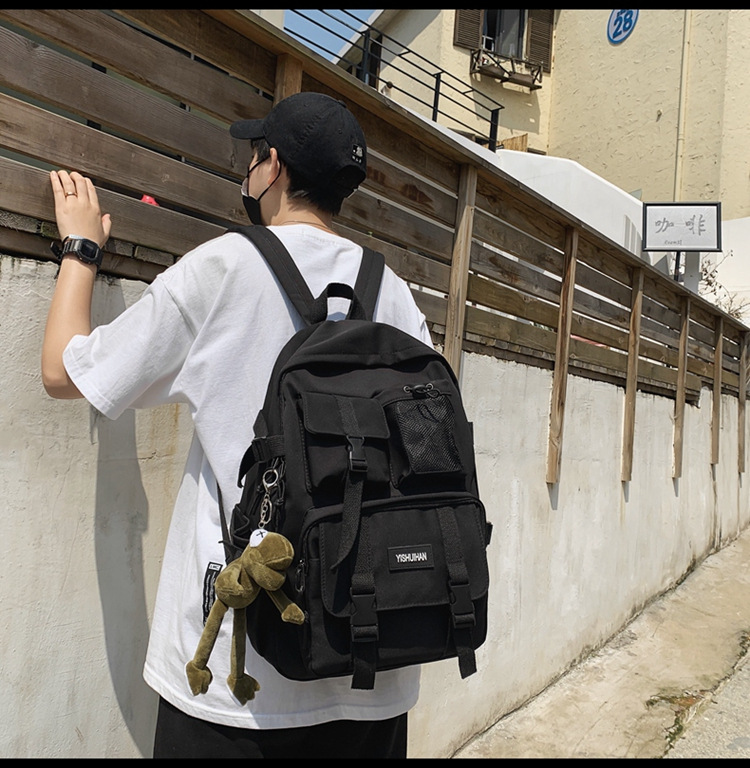 休闲百搭男女双肩包可爱挂件洋气潮流学生书包大容量工装风背包详情30
