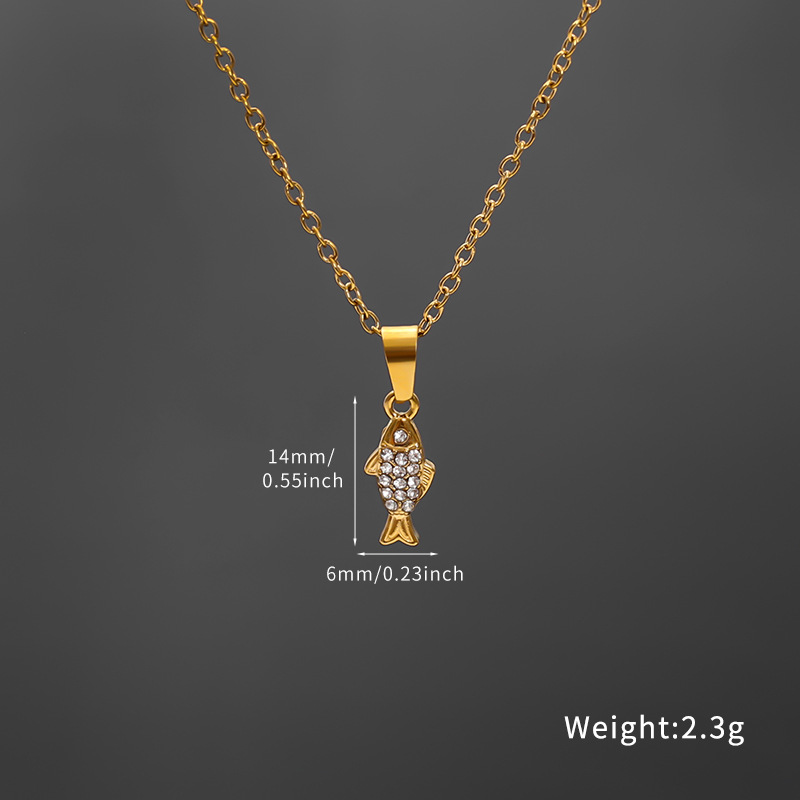 Wholesale of European and American versatile beach and ocean series diamond-encrusted small fish necklaces for women, cross-border light luxury and high-end titanium steel pendants pic 6