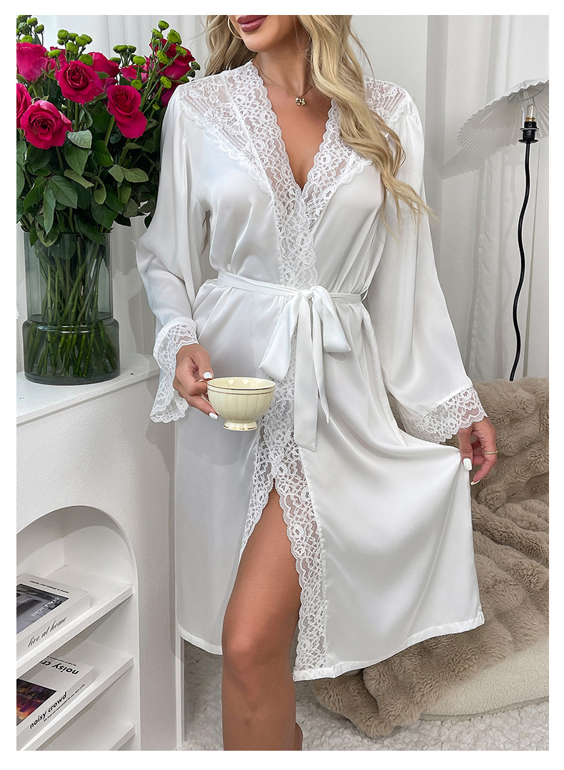 New cross-border satin pajamas for women, lace, light luxury, long-sleeved, cool bathrobes and home wear for women, 469 pic 12