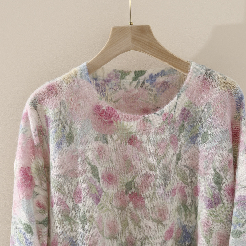 Flower Fairy Watercolor printed long-haired alpaca wool knitted sweater for spring, new wool round-neck pullover sweater for women pic 7