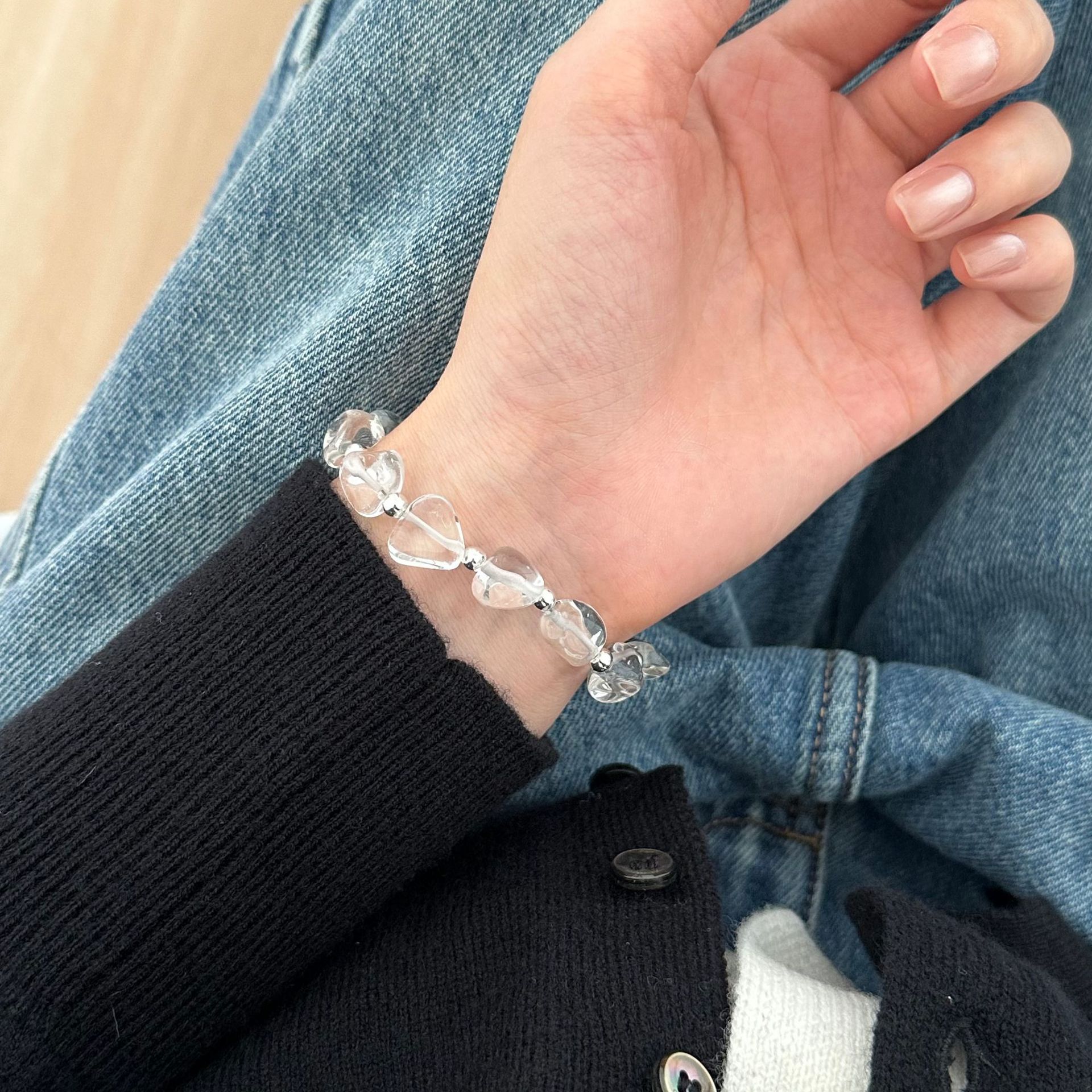 925 sterling silver irregular crystal spotted silver bead bracelet for women, simple handcrafted design, versatile beaded bracelet B3238 pic 6