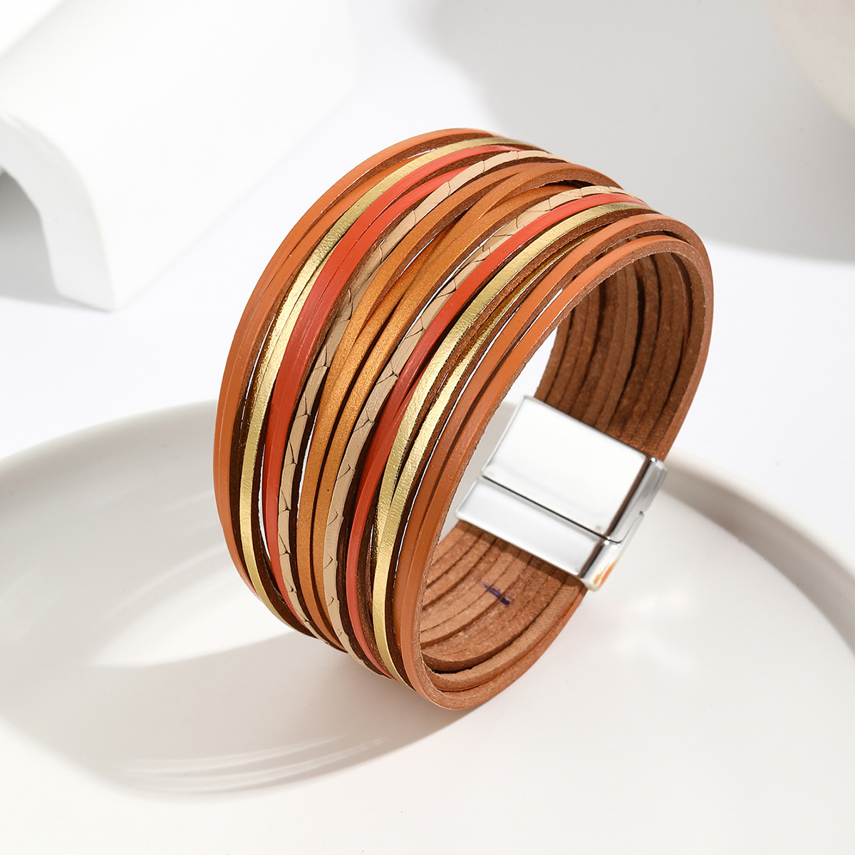 新款亚马逊多条渐变男手环皮绳混色百搭女士PU皮革皮手链磁扣手镯详情9