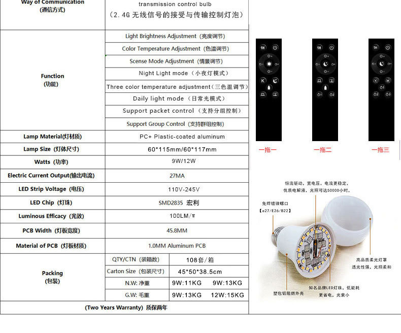跨境智能2.4g遥控宽压三色温灯泡可无极调光调色led球泡灯螺口e26详情3