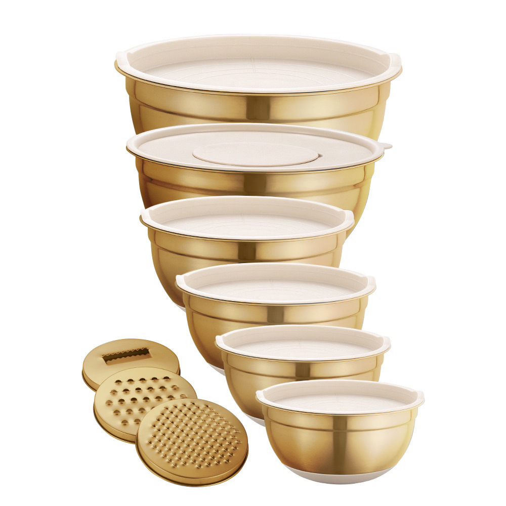 Stainless steel salad bowl, khaki black silicone bottom, anti-slip cover, grater, egg beater set, baking mixing bowl pic 14