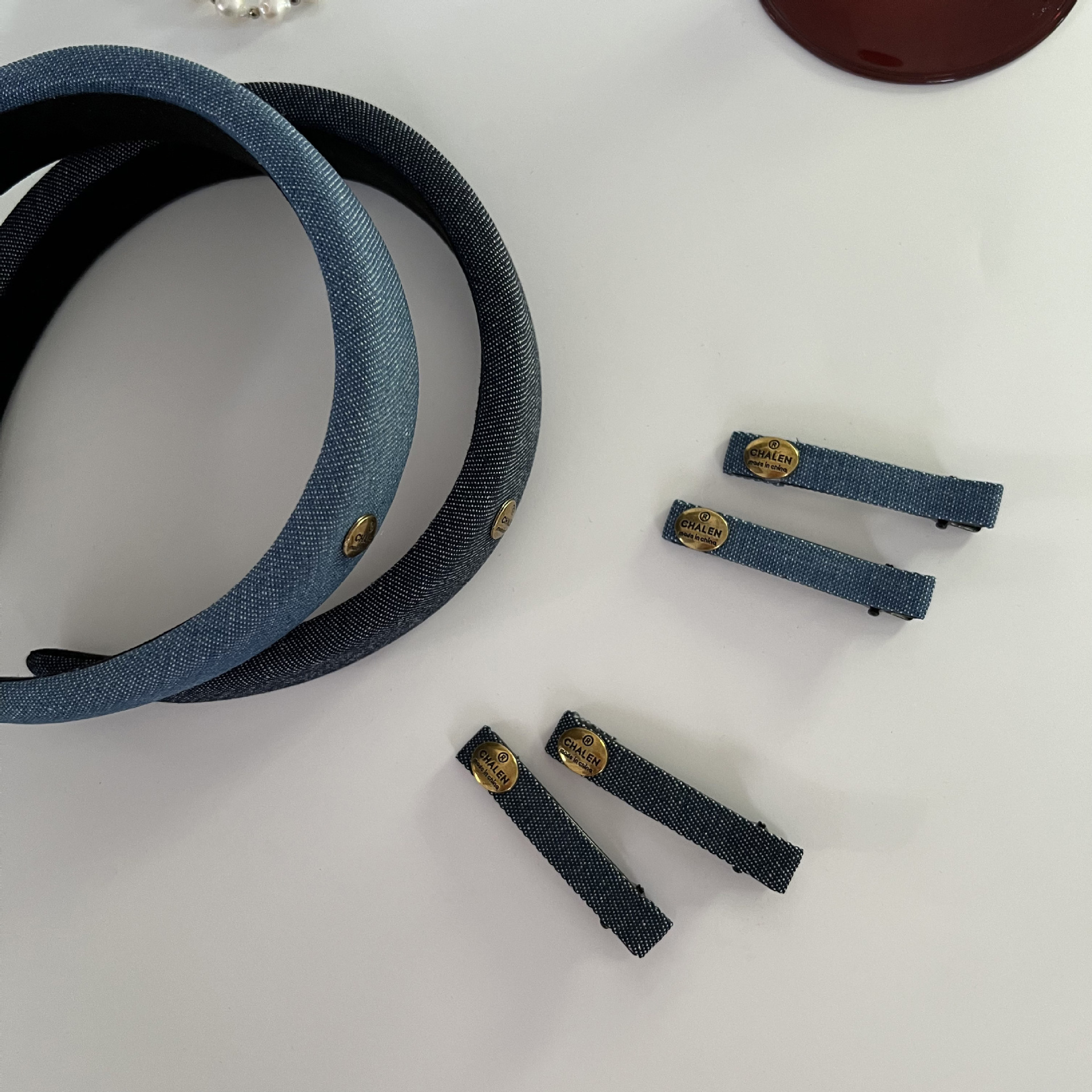 Korean denim gold label hair band and hairpin set, retro and high-end, high top sponge hair band, elegant side clip hair accessory pic 5