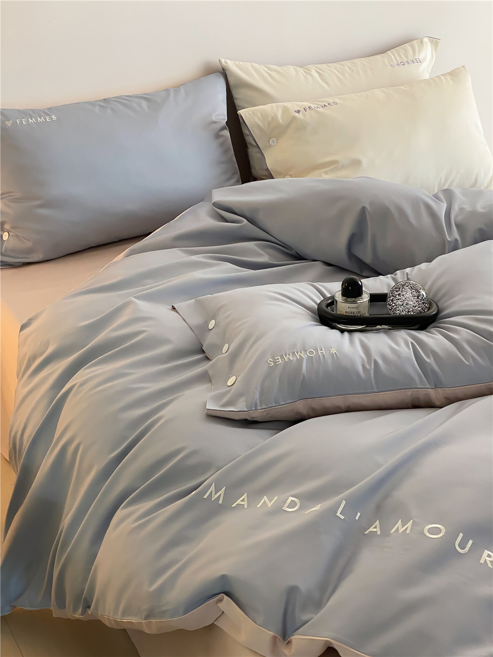 Simple, light luxury and fashionable solid-color long-staple cotton four-piece set, pure cotton letter-embroidered duvet cover, double bedding pic 18