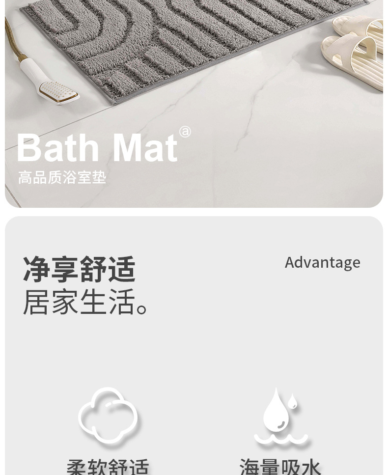简约纹路植绒提花吸水地垫家用浴室门防滑垫卧室进门地毯加厚脚垫详情1