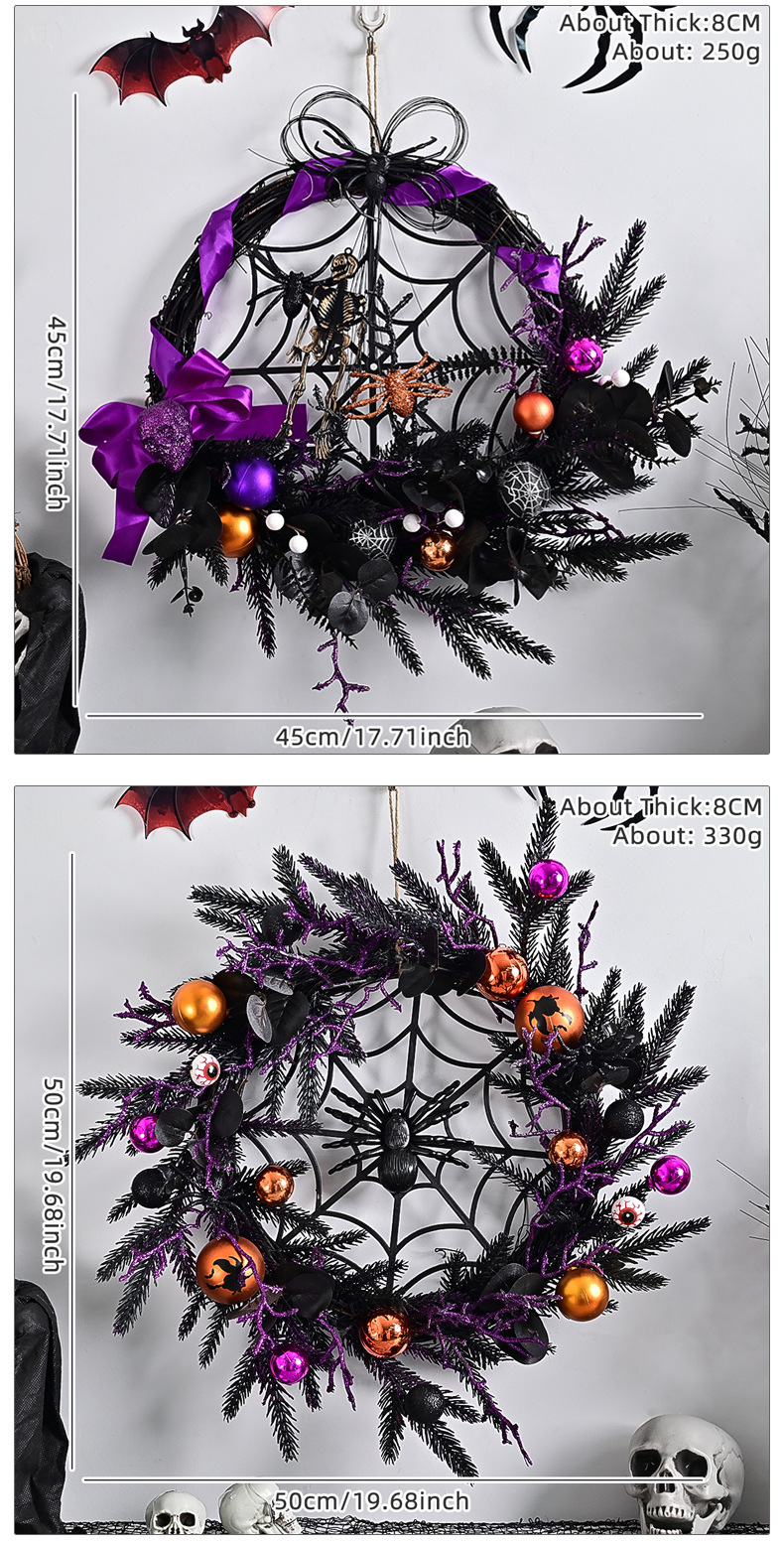 新款万圣节花环仿真骷髅圣诞球鬼节恐怖派对装饰门挂紫色花环藤圈详情7
