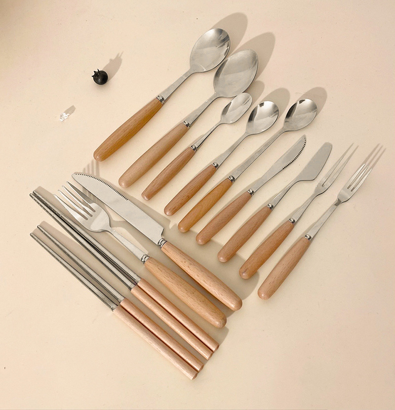 跨境日式不锈钢牛排刀叉勺子创意木柄甜品小勺小叉水果叉西餐餐具详情1