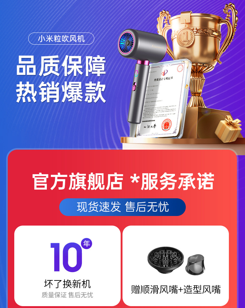 小米粒吹风机家用负离子护发学生宿舍理发店高速大风力电吹风批发详情9