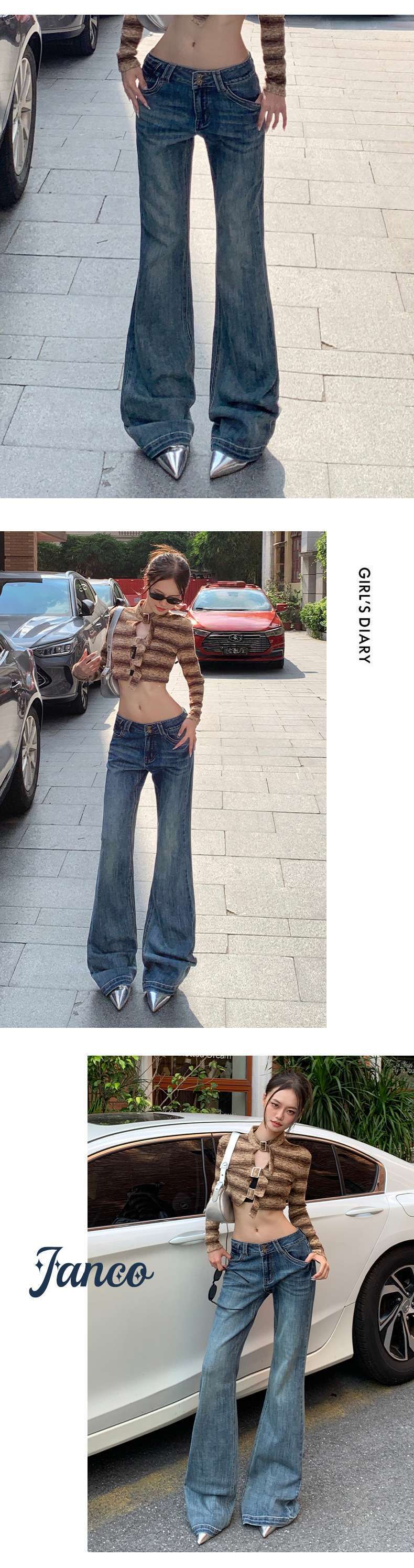批发代发韩系博主风弹力不贴腿牛仔裤女复古蓝水洗磨白休闲微喇叭详情4