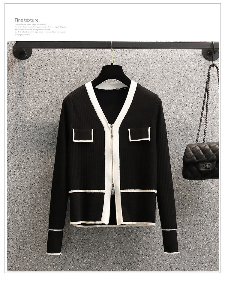 A 200-pound large-sized chanel-style knitted cardigan for early autumn, a V-neck double zipper loose, waist-cinching and slimming base layer for women pic 8