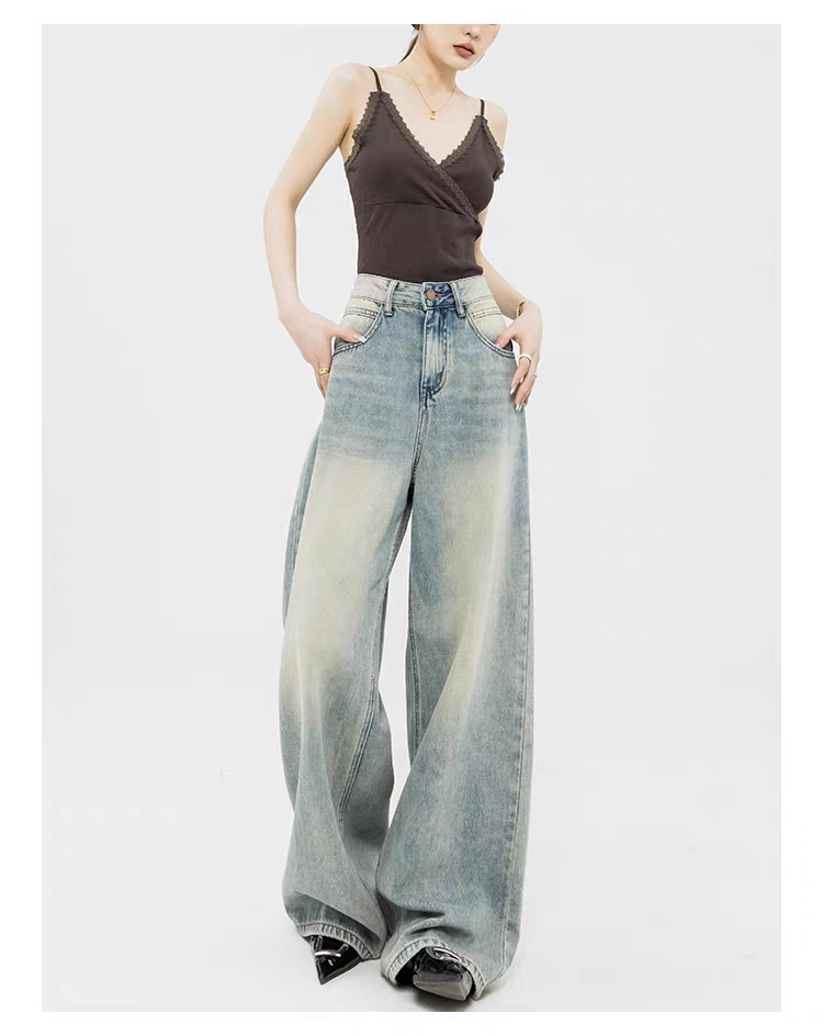 Custom-made retro light-colored straight-leg jeans with a high-waisted, loose design, floor-length wide-leg pants, suitable for all seasons pic 9