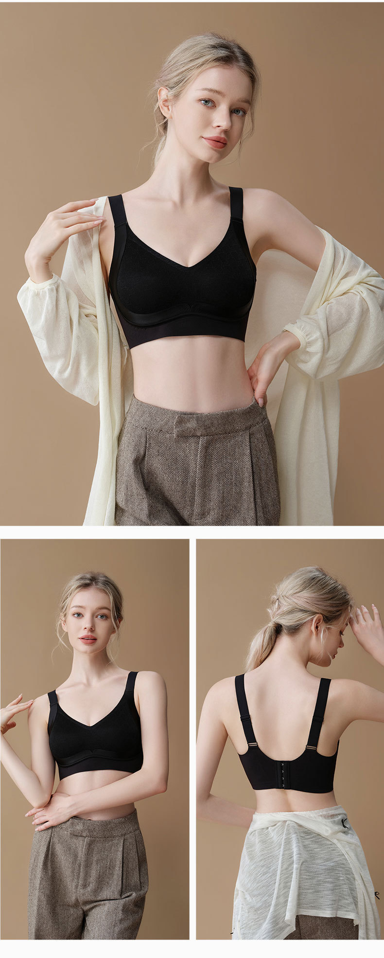 新款粉底液无痕提拉聚拢蕾丝内衣女大胸显小裸感舒适固定文胸罩详情23