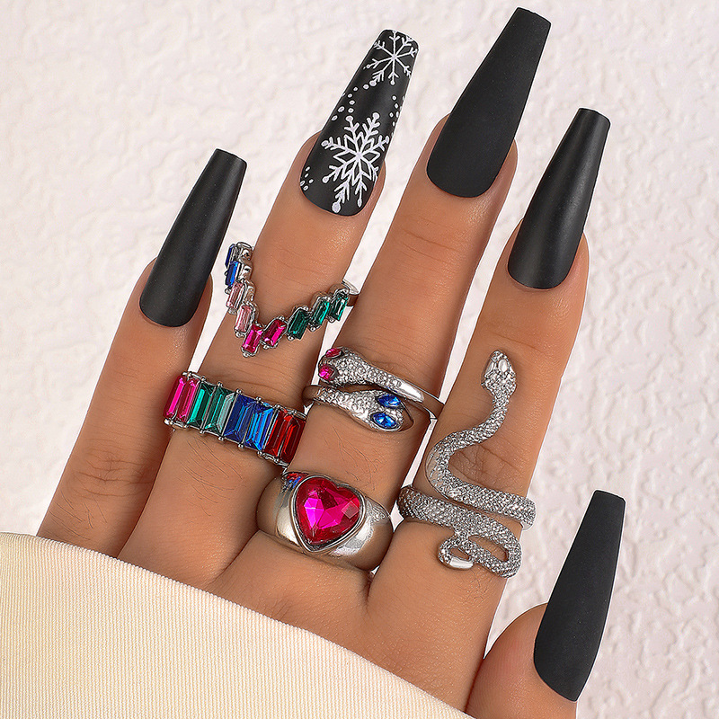 欧美流行饰品戒指手饰 蛇形爱心仿绿宝石镶钻ins风五件套戒指女详情33