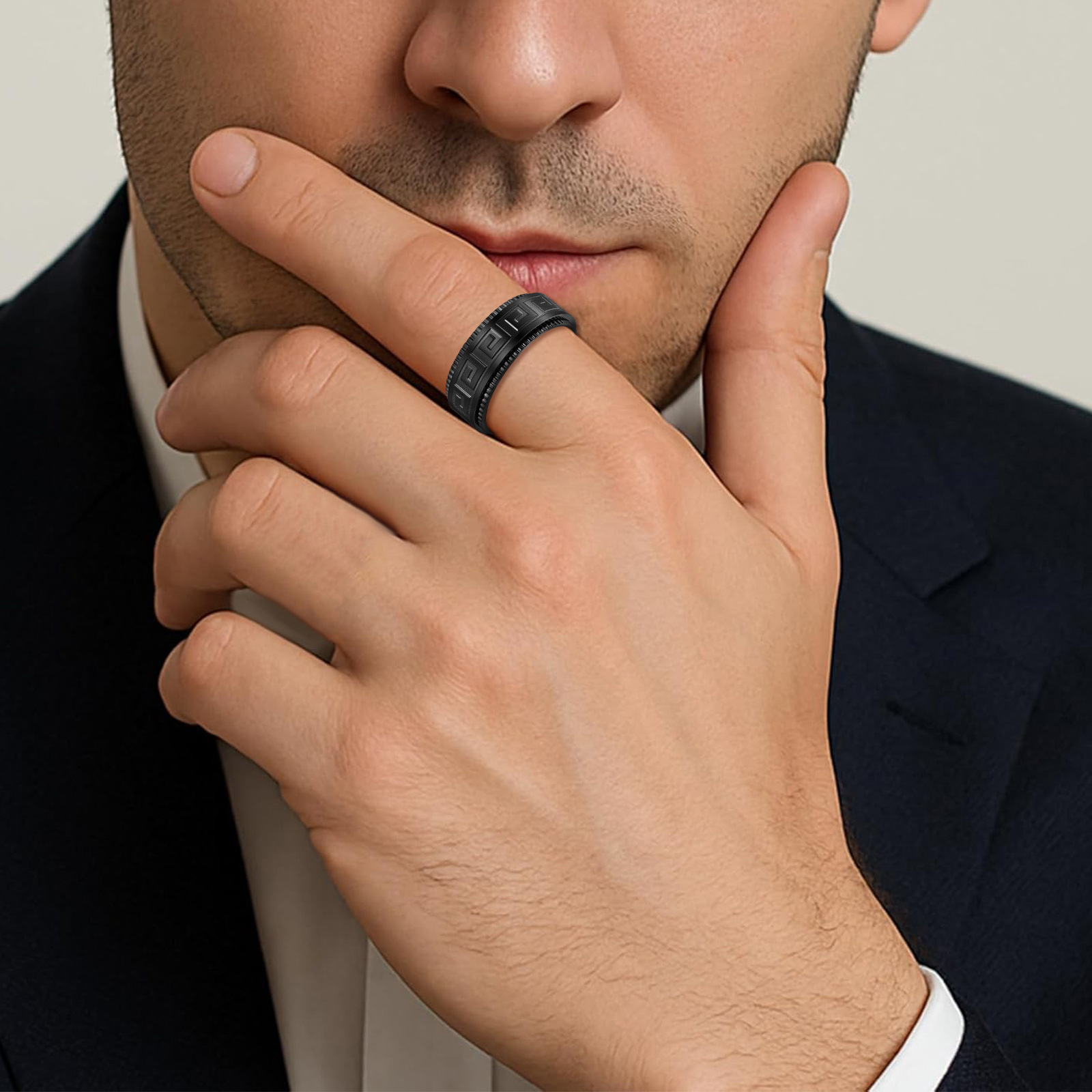 Cross-border bestseller titanium steel ring, stress-relieving and anti-anxiety rotating Ruyi Great Wall pattern fashionable couple rotating ring jewelry pic 4