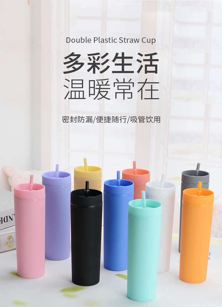 跨境新款16oz双层塑料直筒杯简约时尚大容量直身吸管杯冷饮随手杯详情1