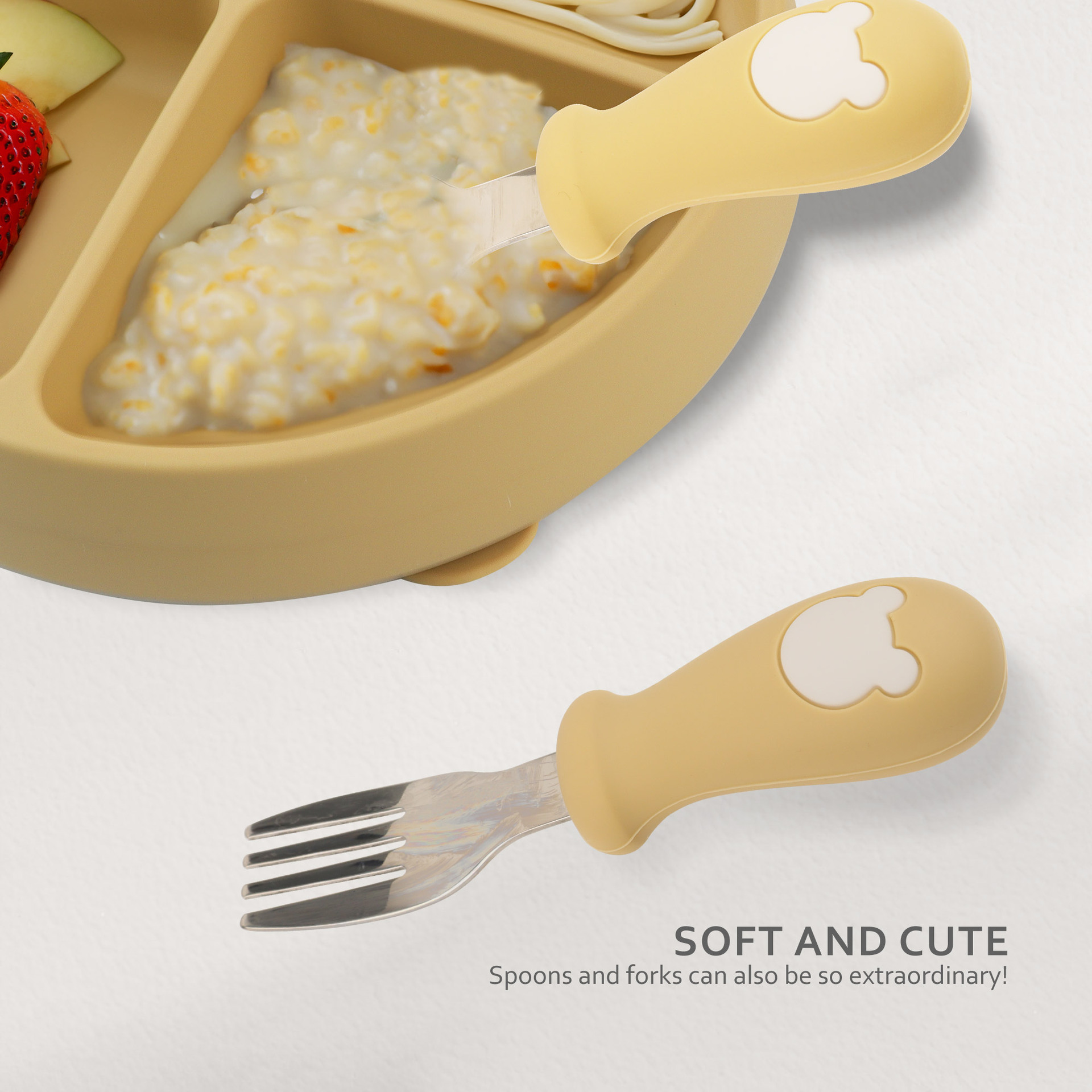 儿童短柄甜品勺子 不锈钢头勺叉套装 创意新品宝宝自主吃饭餐具 喂养餐具 安全耐用易清洗详情5