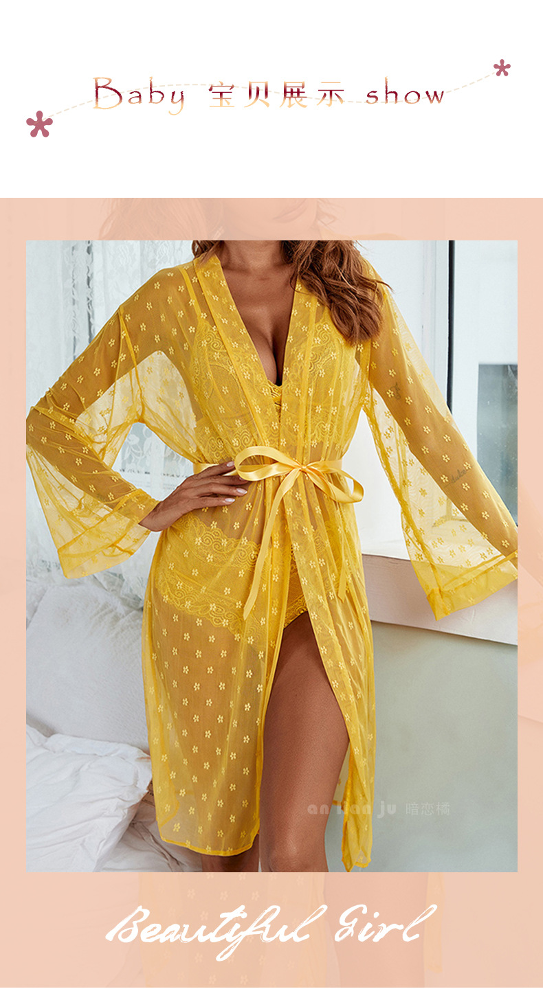 Cross-border foreign trade independent station Sexy mesh see-through pajamas four-piece set Long outer robe bra underwear set 9076 pic 9
