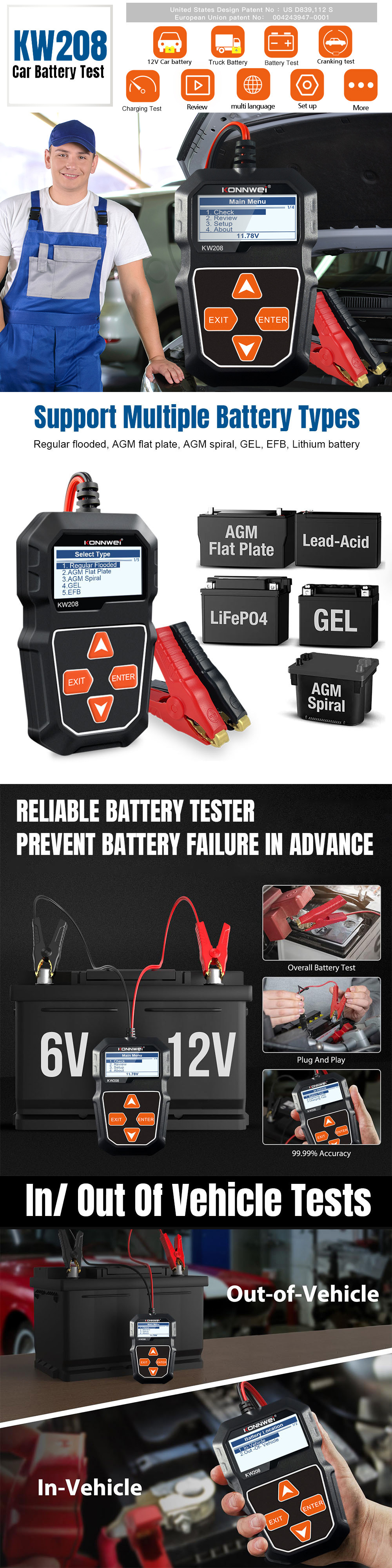 KW208 battery analyzer battery tester for Automobiles and Motorcycles pic 1
