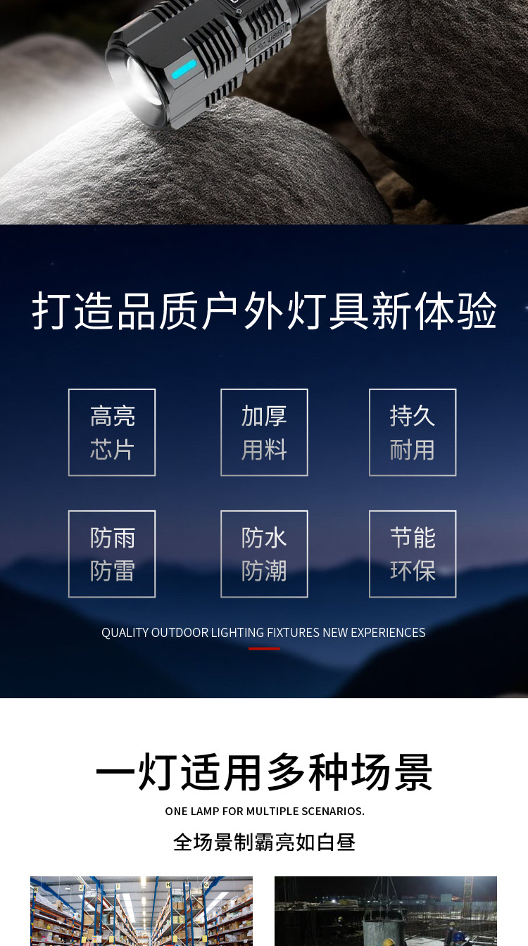 户外强光变焦白激光手电筒长续航6000毫安应急电量显示带cob侧灯详情1