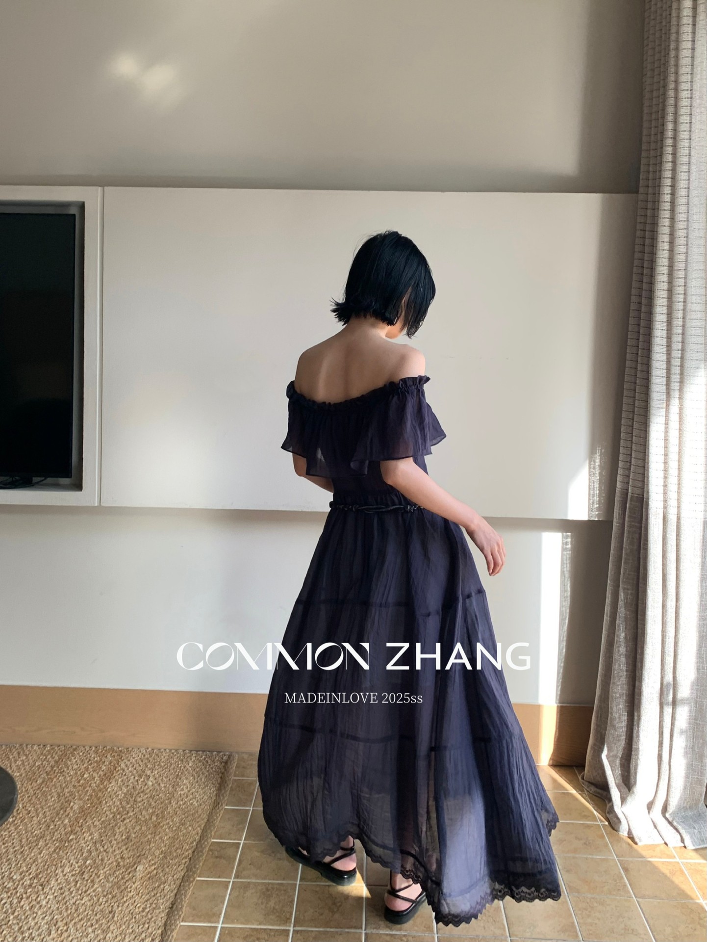 CZ ZHANG Summer French lace patchwork one-shoulder off-the-shoulder sexy slightly transparent texture dress for women B26857 pic 21