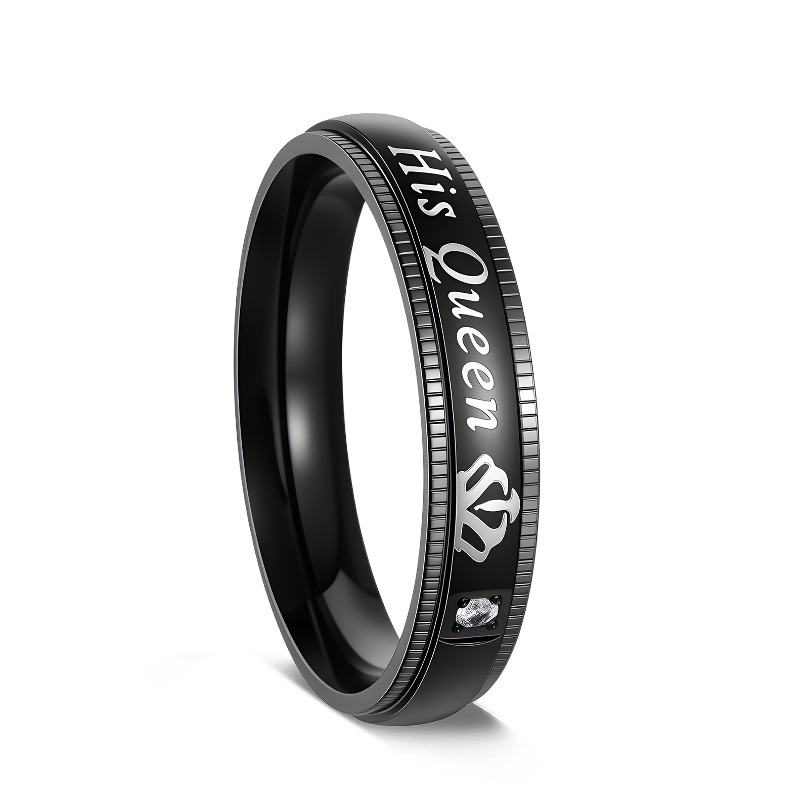 跨境temu新款HerkingHisQueen皇冠女王钛钢黑色情侣戒指情侣指环详情9