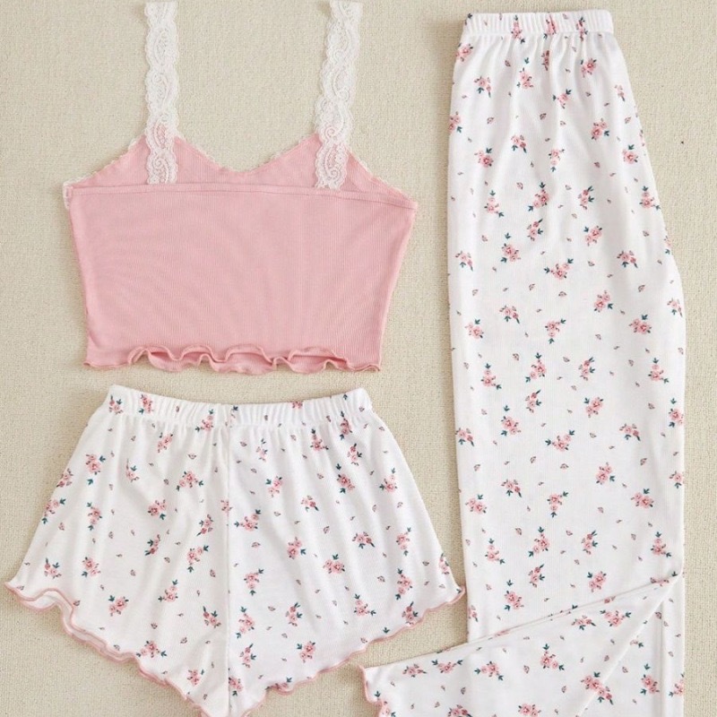 爱心睡衣女春夏季甜美可爱三件套高级感棉吊带短裤长裤性感家居服详情10