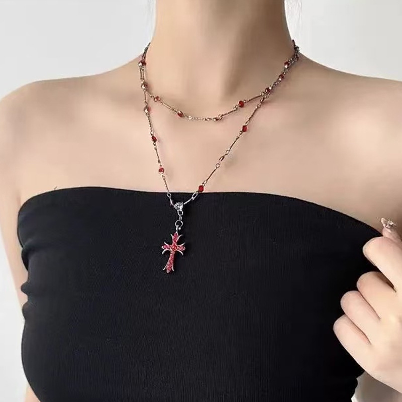 万圣节暗黑锆石十字架串珠项链女夏长款双层叠戴脖颈链吊坠锁骨链详情2