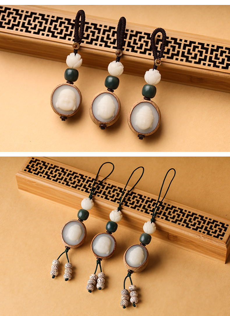 厂家供应带皮白玉菩提根雕刻观音弥勒佛手机钥匙吊坠钥匙扣挂件详情8