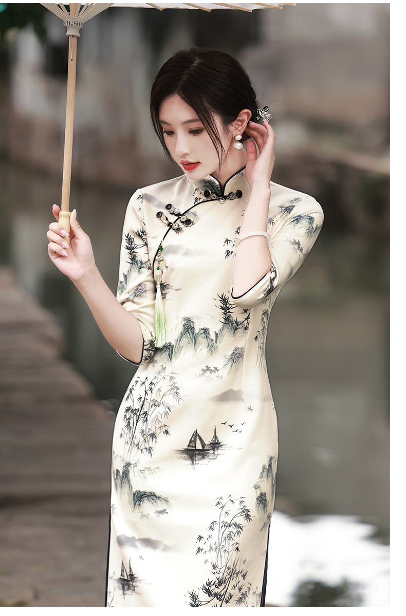 New Chinese-style cheongsam improved version for women, Spring 2025 Jiangnan Suzhou five-quarter sleeve ink-wash painting dress cheongsam pic 11