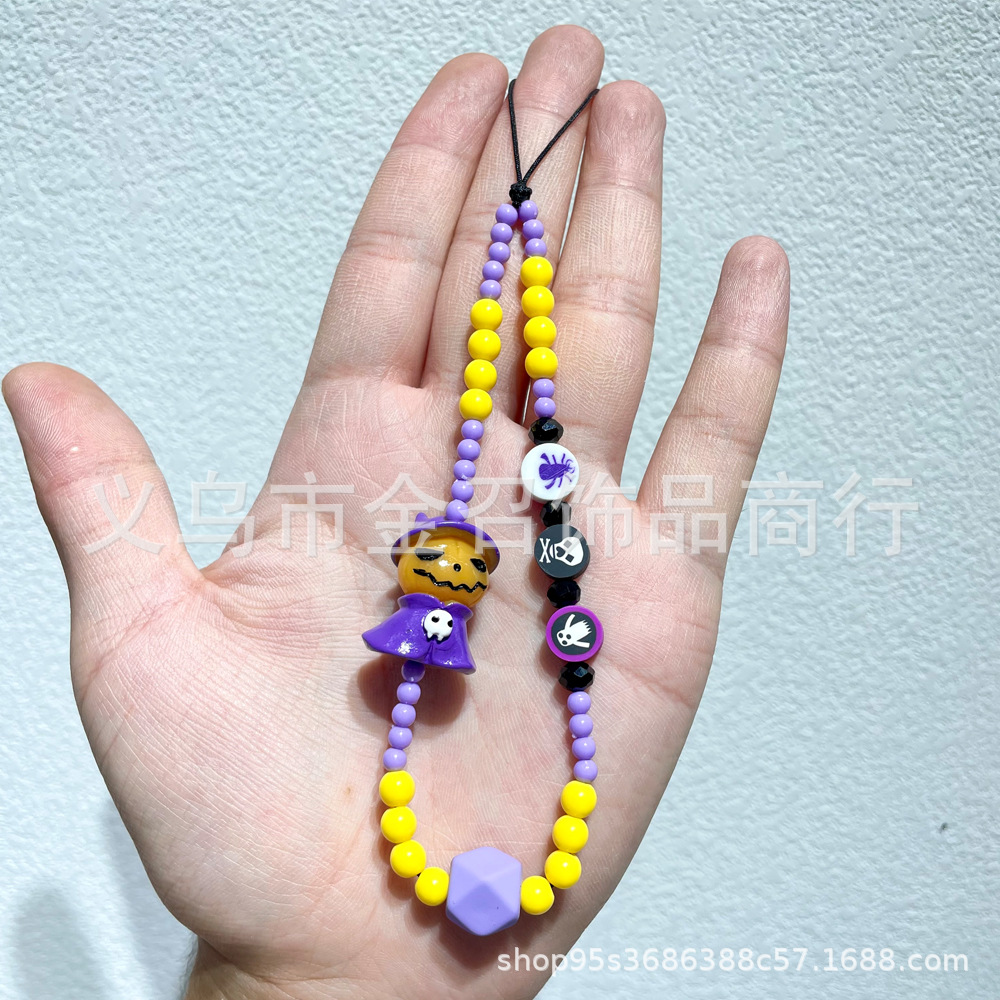 Halloween ins mobile phone chain Pumpkin ghost Skull Ghost face hand-painted mobile phone pendant, beaded keychain pendant pic 10