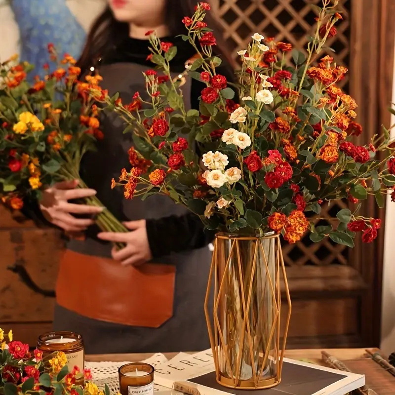 仿真花欧式多头小蔷薇假花跨境家居客厅摆设干花插花花束山茶花详情3