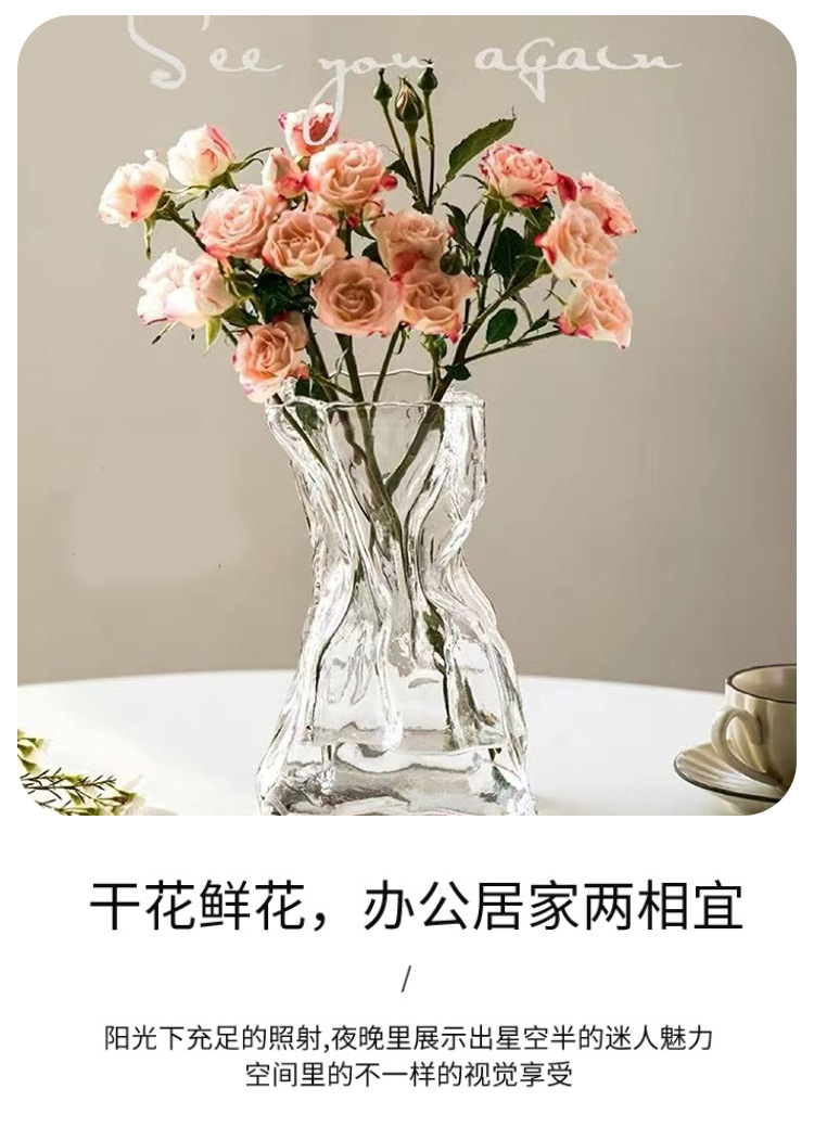 简约创意褶皱钱袋透明玻璃花瓶大口径客厅桌面插花水养装饰摆件详情5