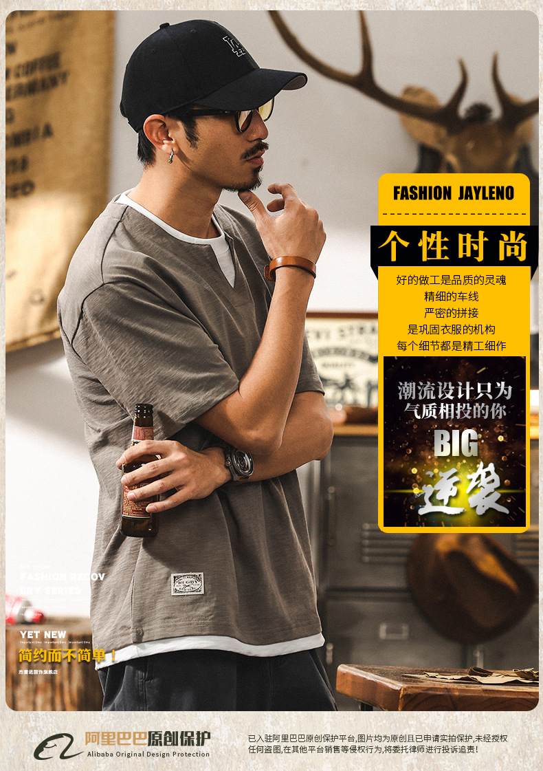 美式复古假两件竹节棉凉感短袖t恤男2025新款夏季亨利领polo衫男详情2