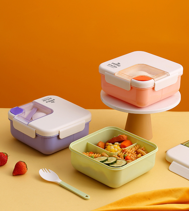 Student and office worker lunch box, plastic compartments, square, portable lunch box with tableware, microwave bento box pic 14