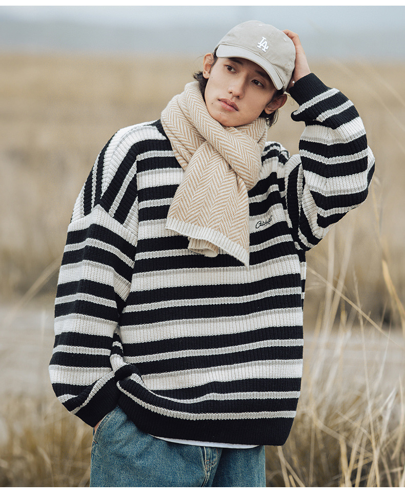 Retro color-blocking striped chunky knit sweater for both men and women, Japanese loose trendy round-neck knitted sweater jacket for autumn and winter pic 25