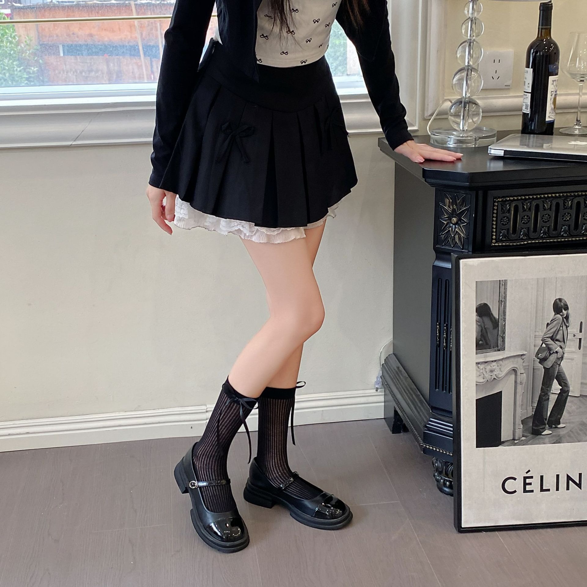 丝带蝴蝶结袜子女芭蕾风甜美少女中筒袜夏季薄款竖条jk堆堆袜飘带详情15