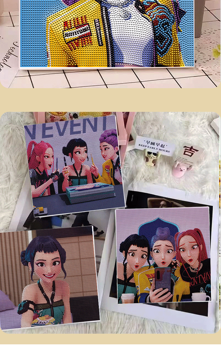 跨境Kpop猎魔女团钻石画绷框DIY手工儿童卡通美少女装饰挂画砖石粘贴详情10