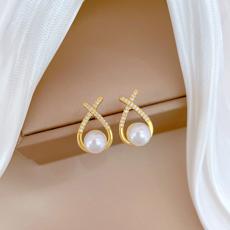 【钛钢】项链耳环套装轻奢满钻交叉珍珠个性气质宴会耳饰项饰组详情16