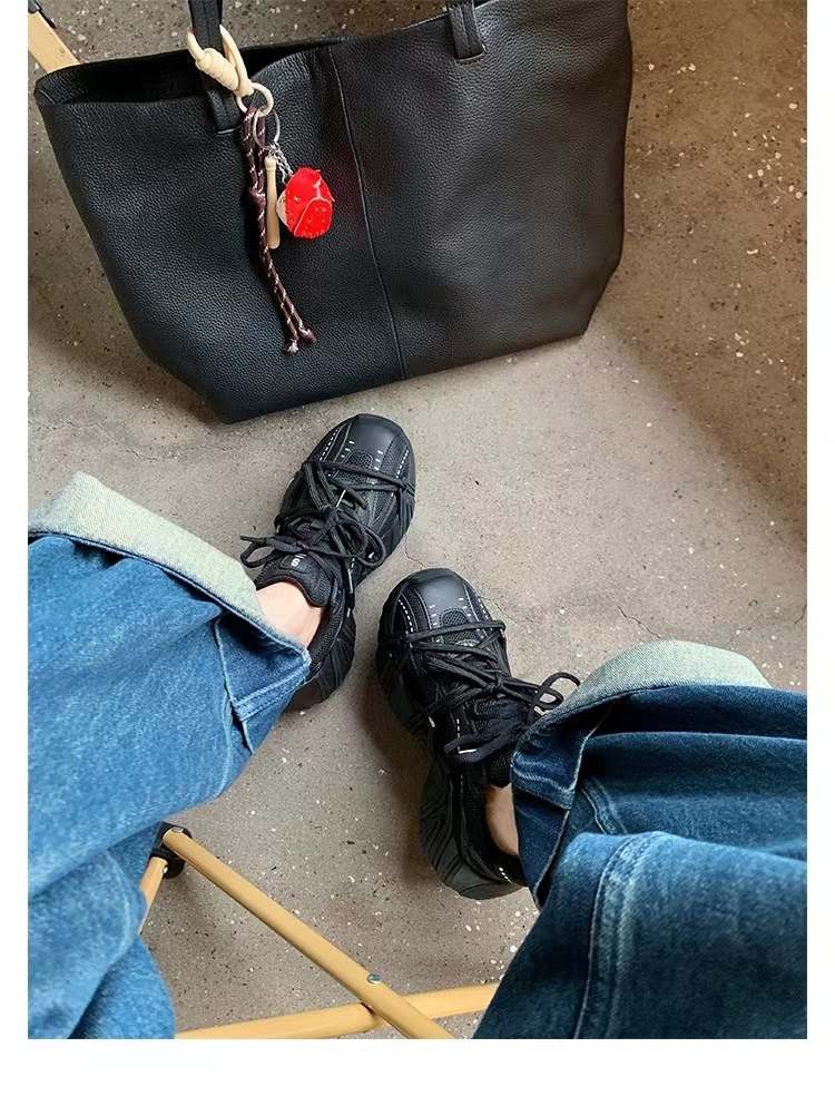 葡萄妈同款 画报女孩 时髦双鞋带网面拼接厚底增高老爹鞋女真皮详情42