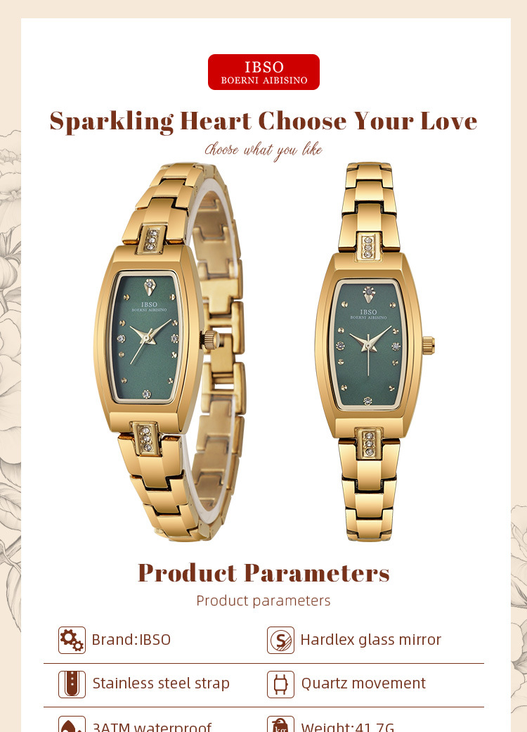 IBSO輕奢酒桶形女士石英表金色鑲鉆小表盤時尚簡約腕表詳情1