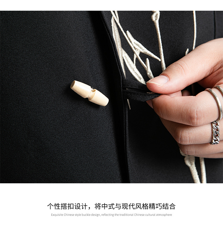 国潮新中式男士礼服订婚礼休闲西装套装国风立领金竹刺绣中山装西服男详情10