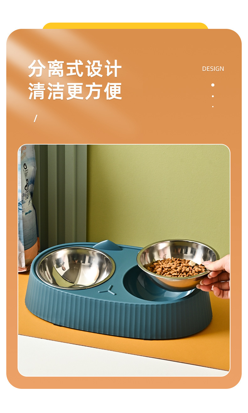Pet stainless steel double-bowl dog food set, large-capacity dog bowl, anti-slip and anti-knock cat bowl, cervical spine protection pet supplies pic 5
