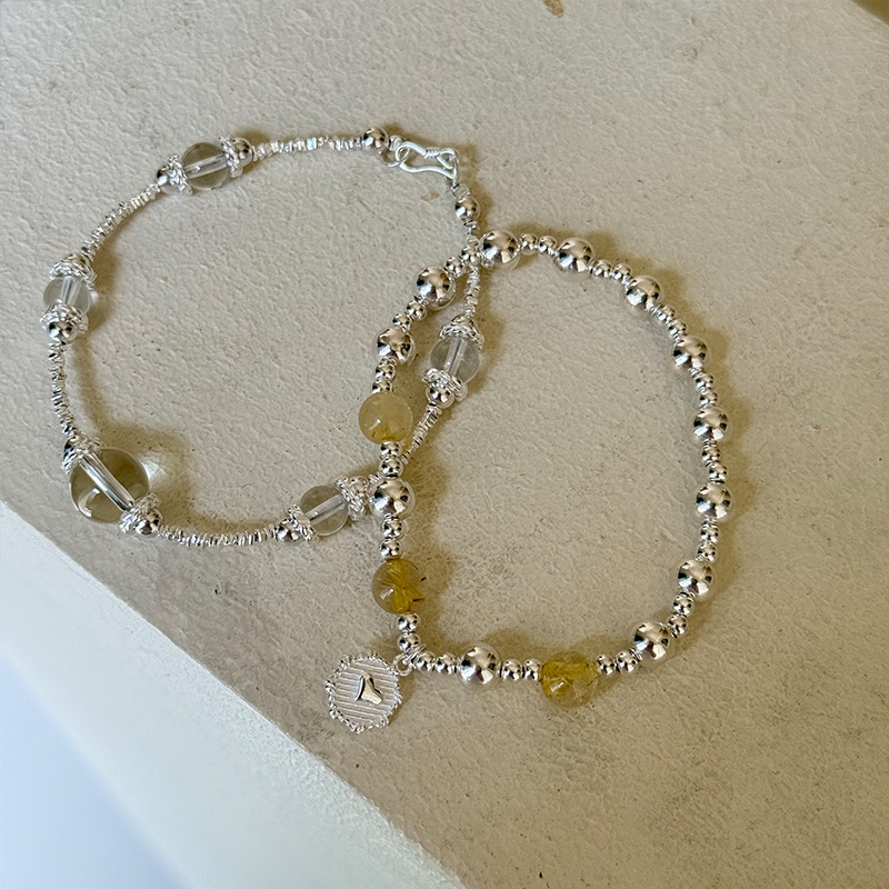 925纯银圆牌条纹爱心发晶银珠手链女手工弹力绳设计串珠手环叠戴详情10