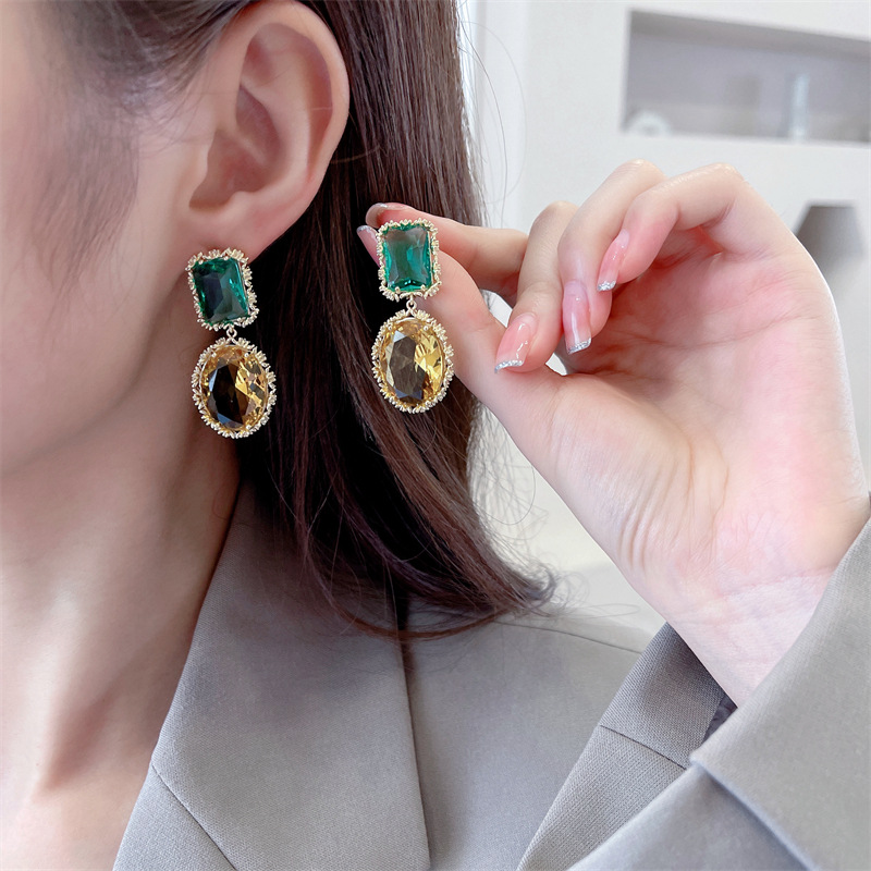 Summer Korean Heavy Industry colorful crystal simple earrings, fashionable silver needle color preservation real gold, popular geometric zircon earrings pic 7