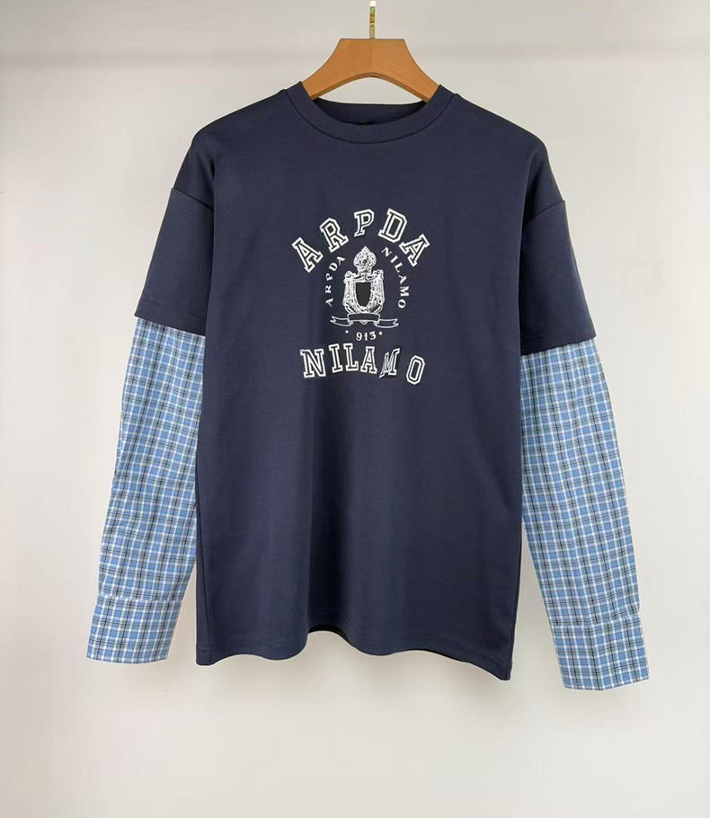 2025夏季新款设计感格纹拼接假两件长袖T恤女时尚休闲减龄上衣女详情10