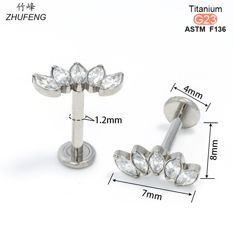 F136钛合金镶锆石耳钉时尚高级感镀金不掉色耳骨钉内牙螺旋唇钉详情6
