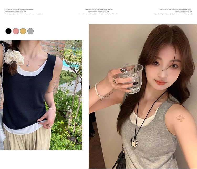 新款慵懒风撞色宽松背心假两件吊带小背心夏季女装内搭夏外穿上衣详情6
